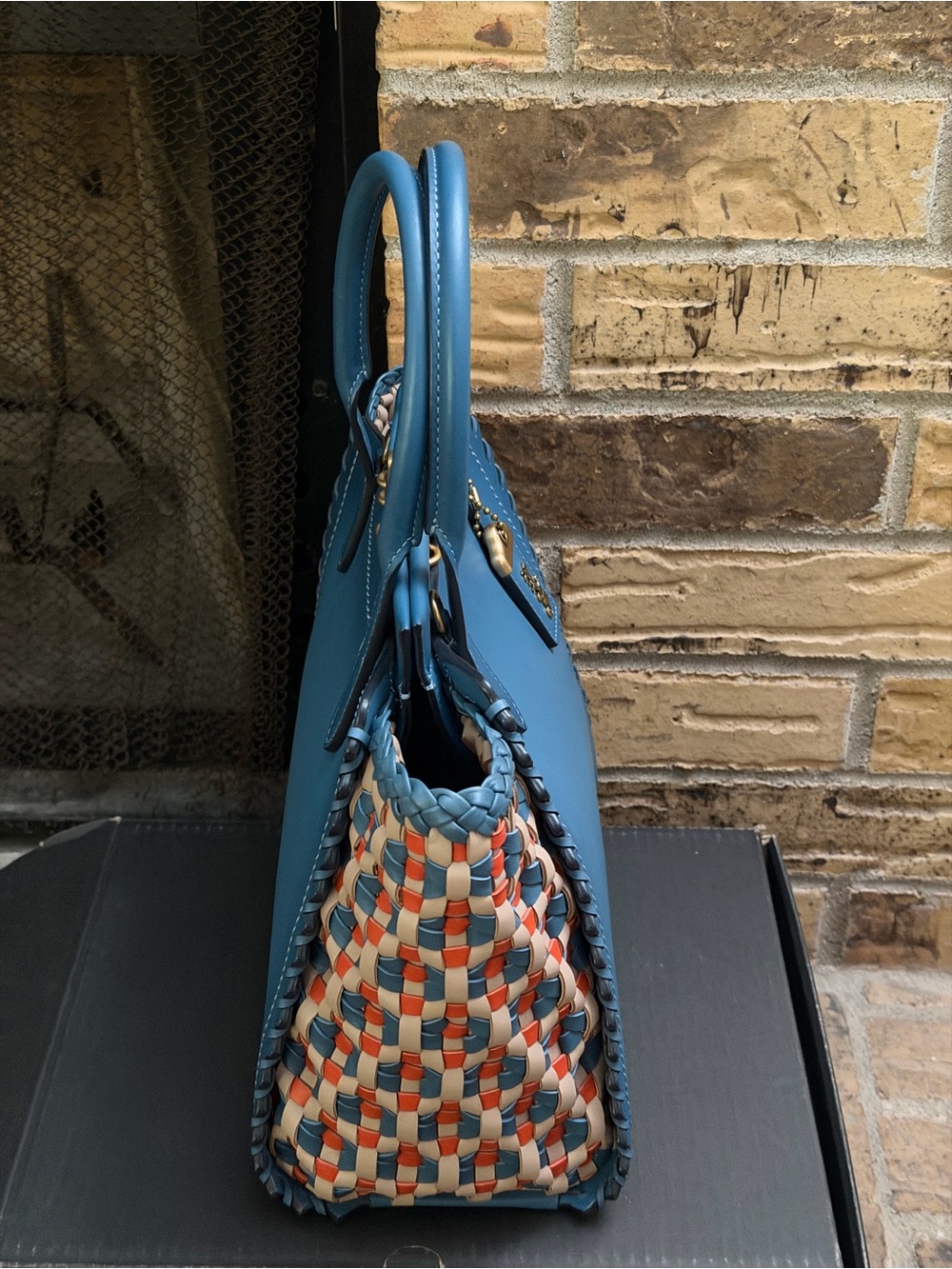 COACH 1941 Troupe Tote Weaved Leather Bag Blue Lake Multi like new - Picture 2 of 9